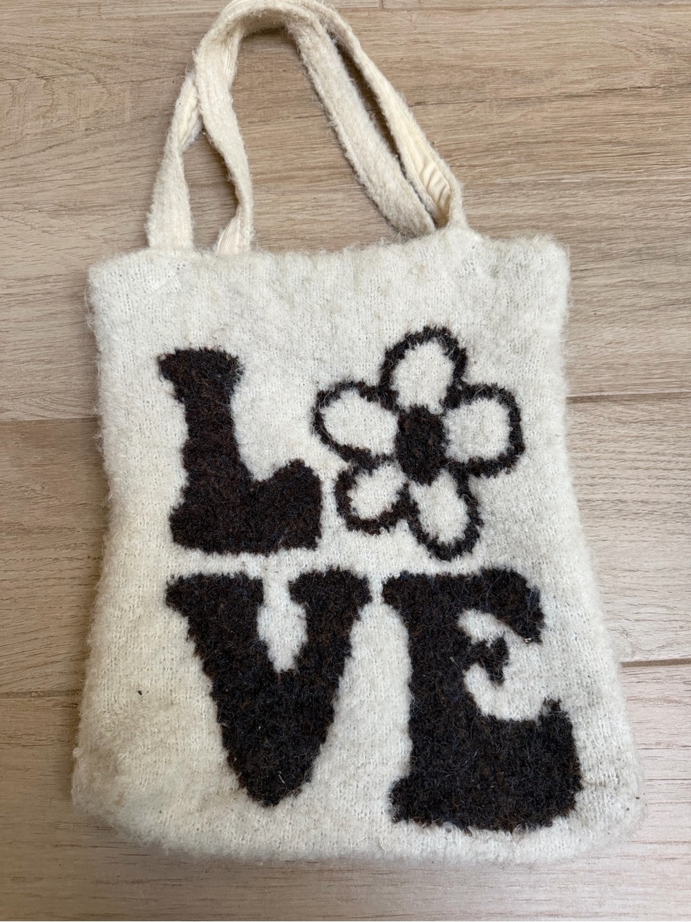 Free People Cream Wool Tote with Black 'LOVE' Graphic
